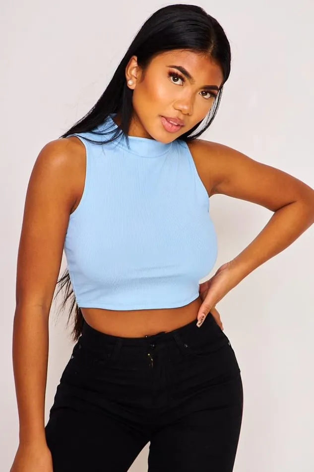 Women Short Ribbed Sleeveless Tank Top With High Collar In Light Blue White Brentiny Paris Top And Tank Tops Women Short Ribbed Sleeveless Tank Top With High Collar In Light Blue White Brentiny Paris Top And Tank Tops