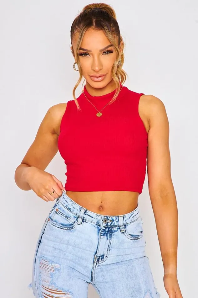 Women Short Ribbed Sleeveless Tank Top With High Collar In Light Blue White Brentiny Paris Top And Tank Tops