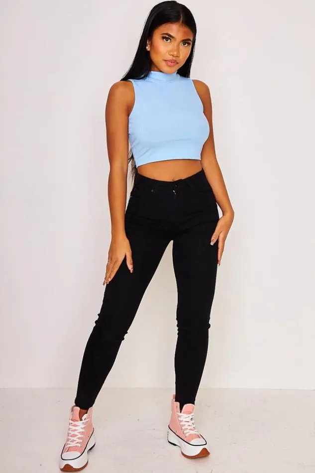 Women Short Ribbed Sleeveless Tank Top With High Collar In Light Blue White Brentiny Paris Top And Tank Tops