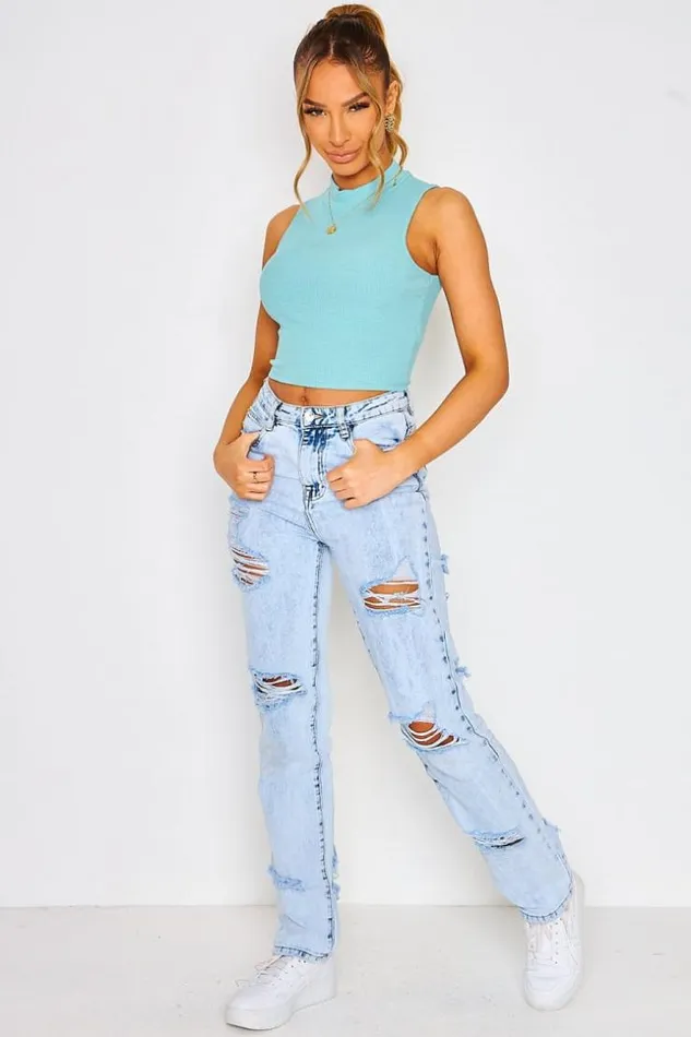 Women Short Ribbed Sleeveless Tank Top With High Collar In Light Blue White Brentiny Paris Top And Tank Tops