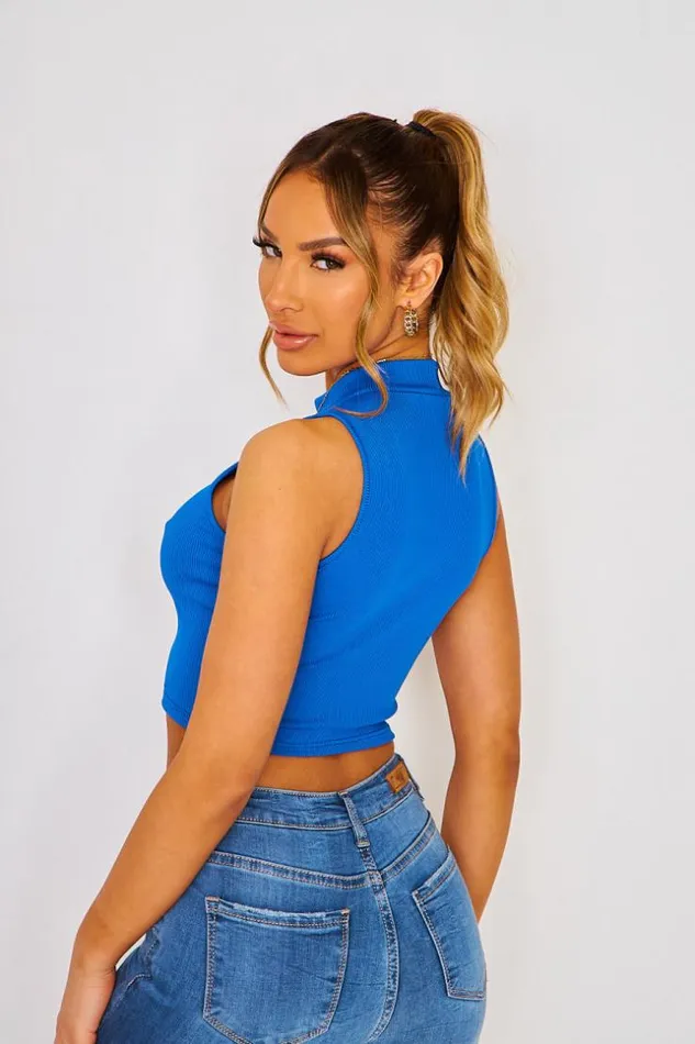 Women Short Ribbed Sleeveless Tank Top With High Collar In Light Blue White Brentiny Paris Top And Tank Tops