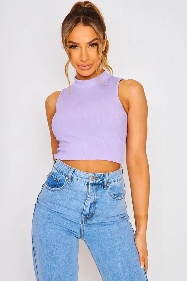 Women Short Ribbed Sleeveless Tank Top With High Collar In Light Blue White Brentiny Paris Top And Tank Tops