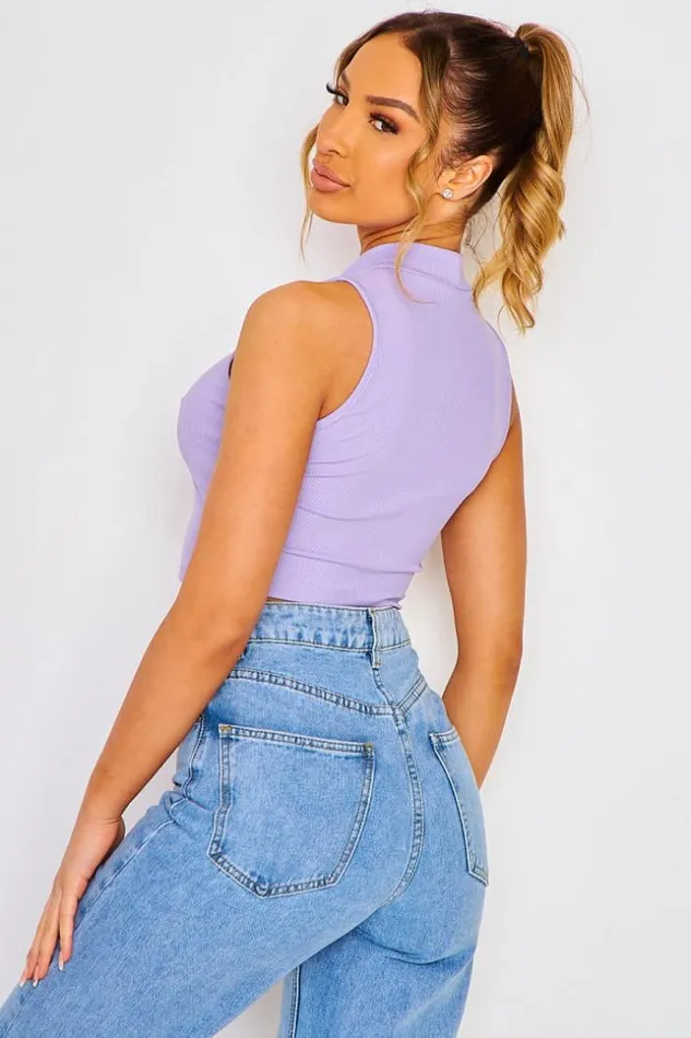 Women Short Ribbed Sleeveless Tank Top With High Collar In Light Blue White Brentiny Paris Top And Tank Tops