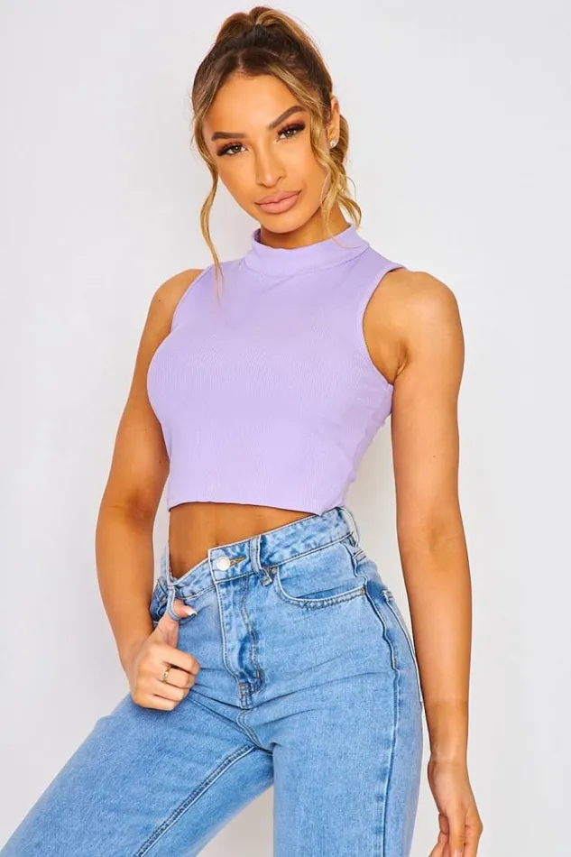 Women Short Ribbed Sleeveless Tank Top With High Collar In Light Blue White Brentiny Paris Top And Tank Tops