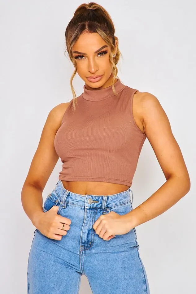 Women Short Ribbed Sleeveless Tank Top With High Collar In Light Blue White Brentiny Paris Top And Tank Tops