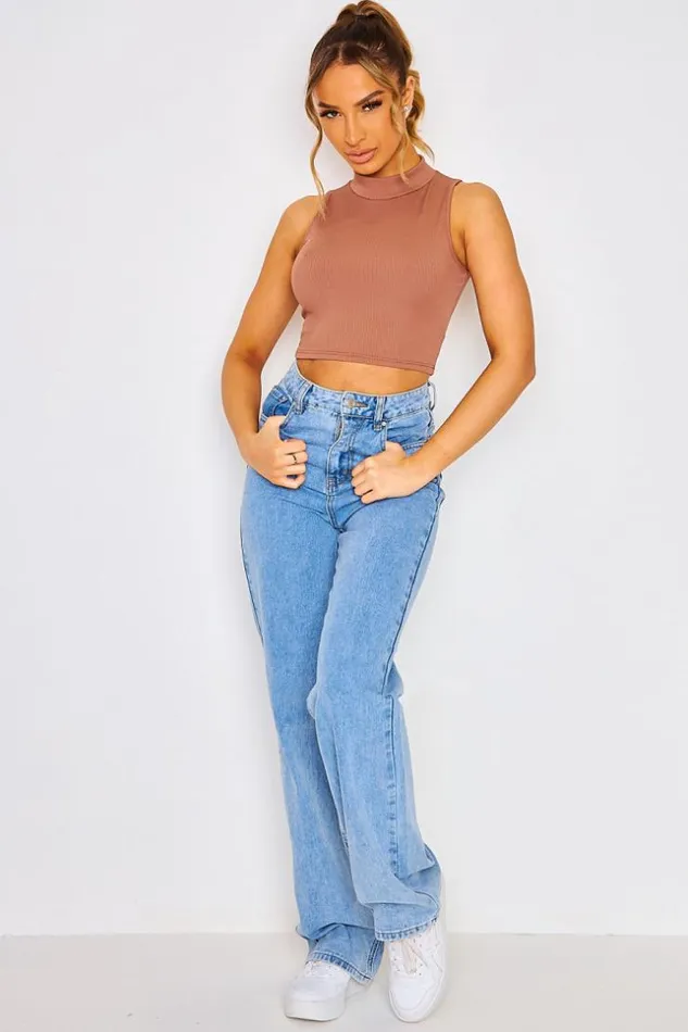 Women Short Ribbed Sleeveless Tank Top With High Collar In Light Blue White Brentiny Paris Top And Tank Tops