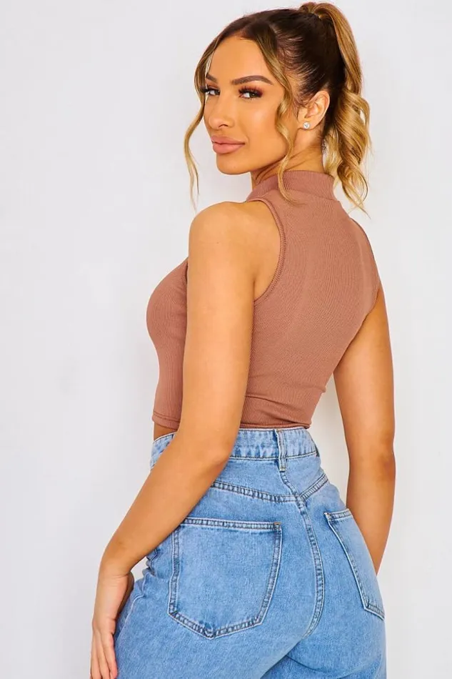 Women Short Ribbed Sleeveless Tank Top With High Collar In Light Blue White Brentiny Paris Top And Tank Tops