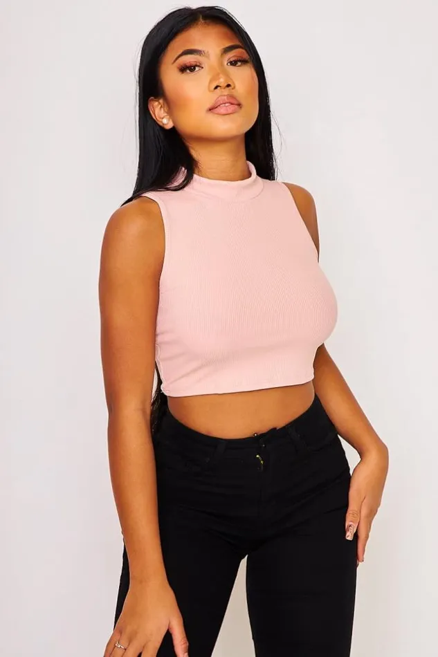Women Short Ribbed Sleeveless Tank Top With High Collar In Light Blue White Brentiny Paris Top And Tank Tops