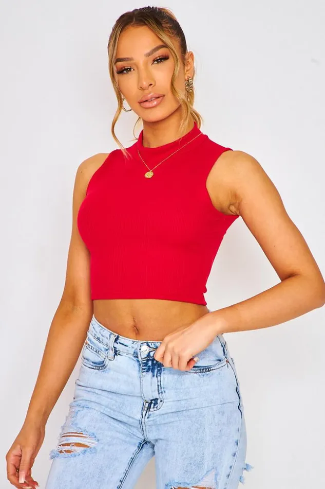 Women Short Ribbed Sleeveless Tank Top With High Collar In Light Blue White Brentiny Paris Top And Tank Tops