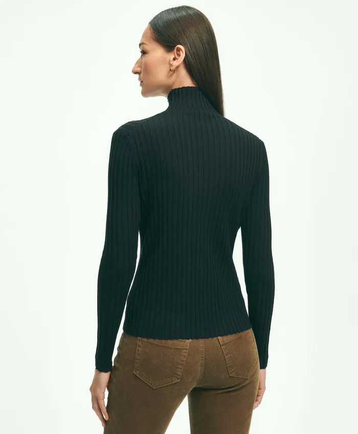 Women SilkBlend Mock Neck Ribbed Sweater Black Brooks Brothers Sweaters