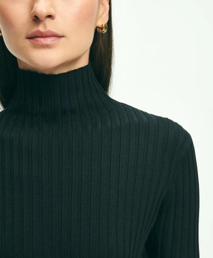 Women SilkBlend Mock Neck Ribbed Sweater Black Brooks Brothers Sweaters