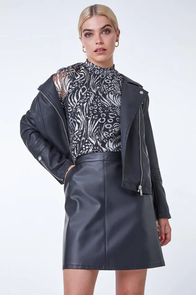 Women Silver Animal High Neck Metallic Chiffon Blouse Roman Tops