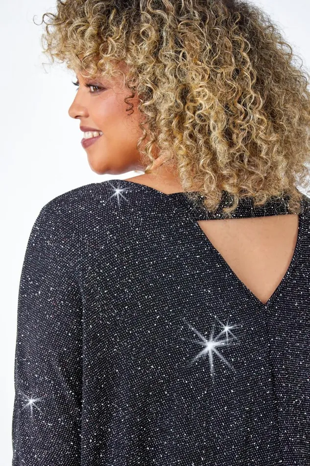 Women Silver Curve Back Bar Glitter Stretch Top Roman Tops