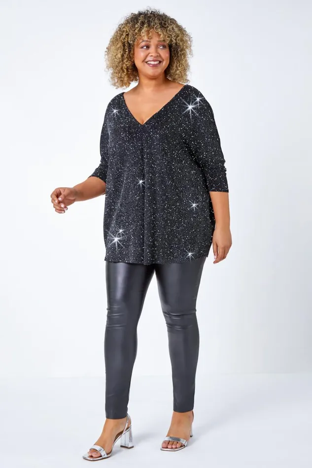 Women Silver Curve Back Bar Glitter Stretch Top Roman Tops