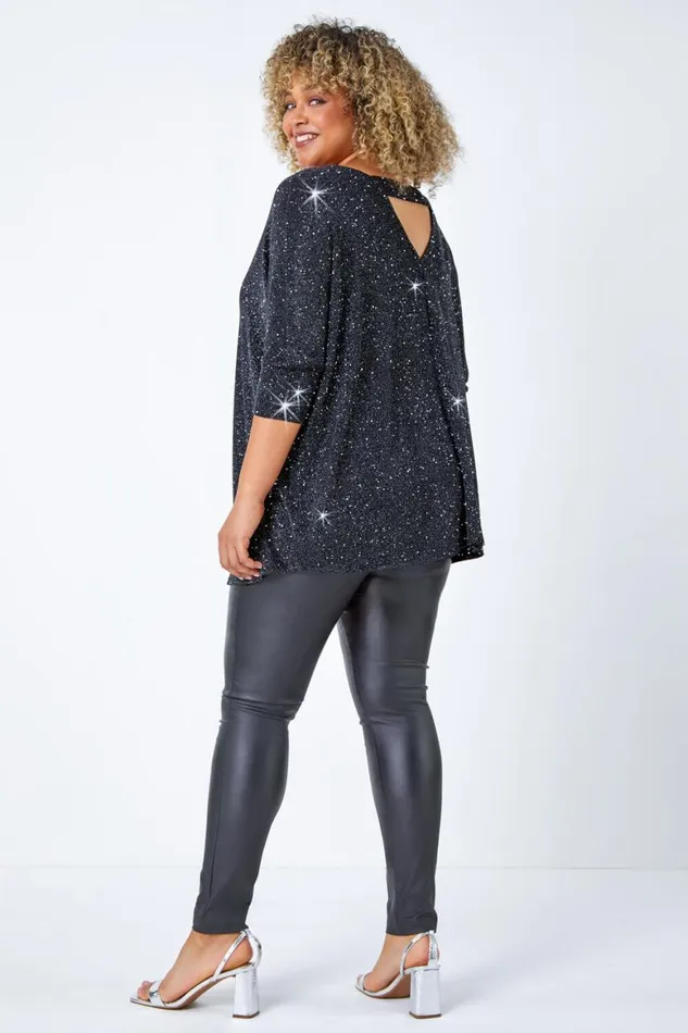 Women Silver Curve Back Bar Glitter Stretch Top Roman Tops