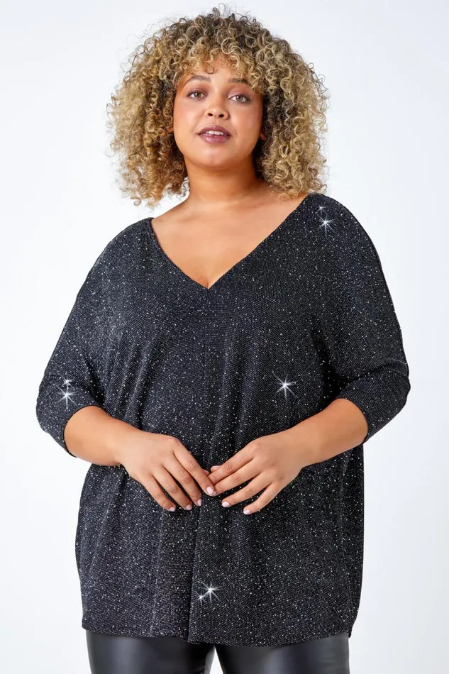 Women Silver Curve Back Bar Glitter Stretch Top Roman Tops