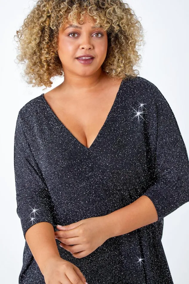 Women Silver Curve Back Bar Glitter Stretch Top Roman Tops
