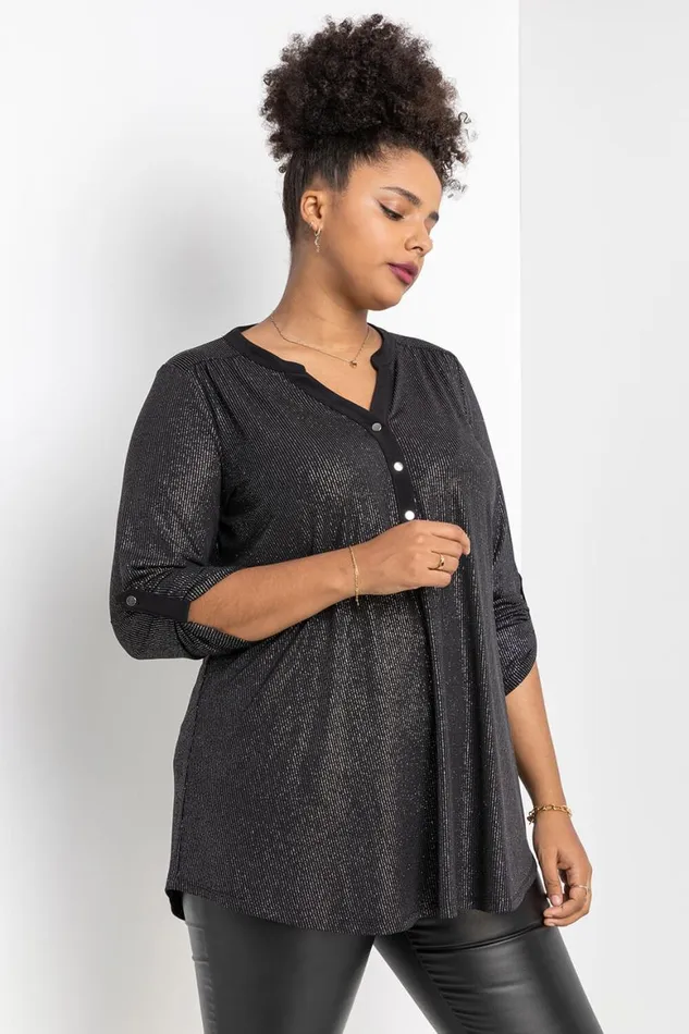 Women Silver Curve Glitter Stripe Button Detail Top Roman Tops