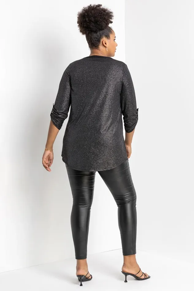 Women Silver Curve Glitter Stripe Button Detail Top Roman Tops