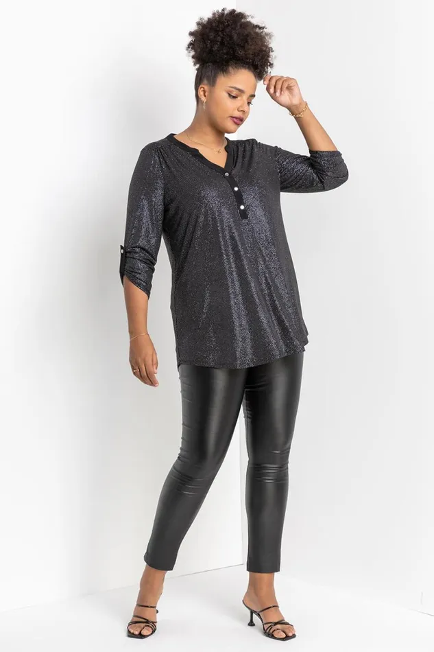 Women Silver Curve Glitter Stripe Button Detail Top Roman Tops