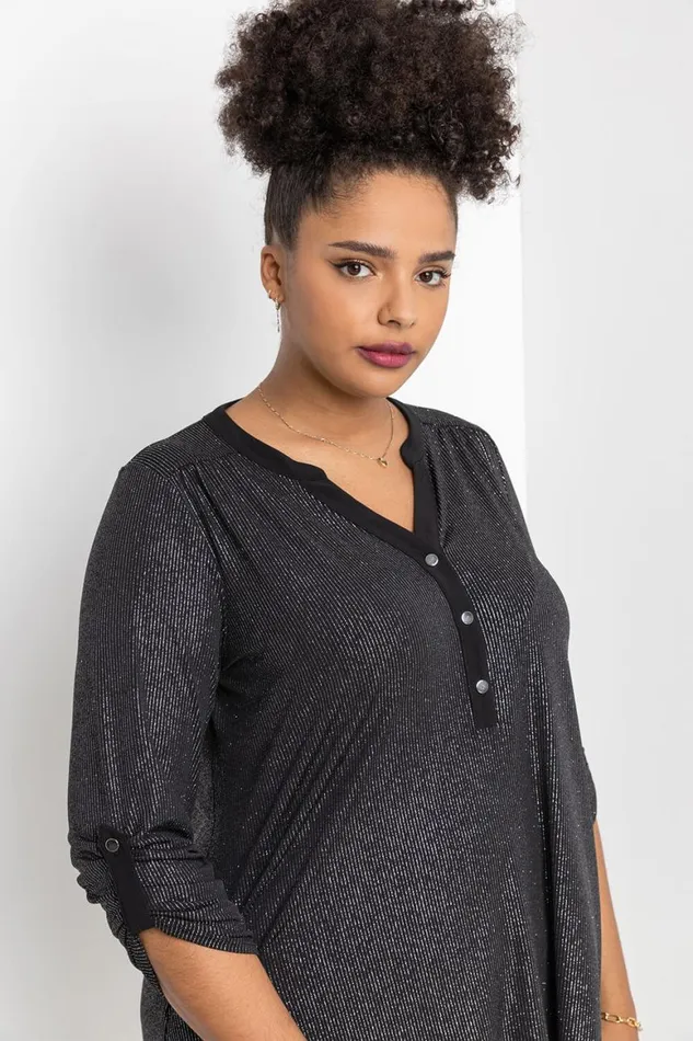 Women Silver Curve Glitter Stripe Button Detail Top Roman Tops