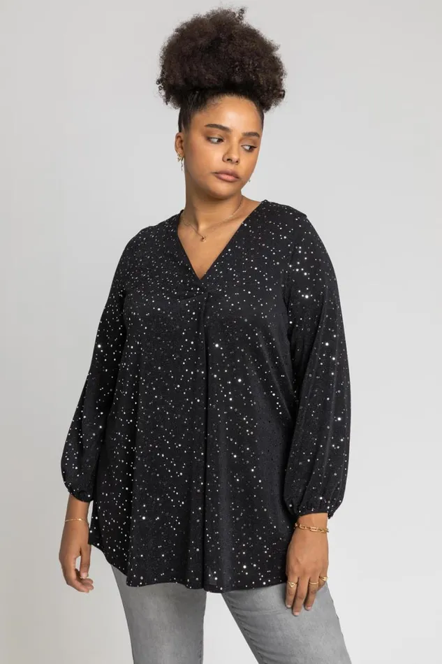 Women Silver Curve Pleat Front Sparkle Tunic Top Roman Tops