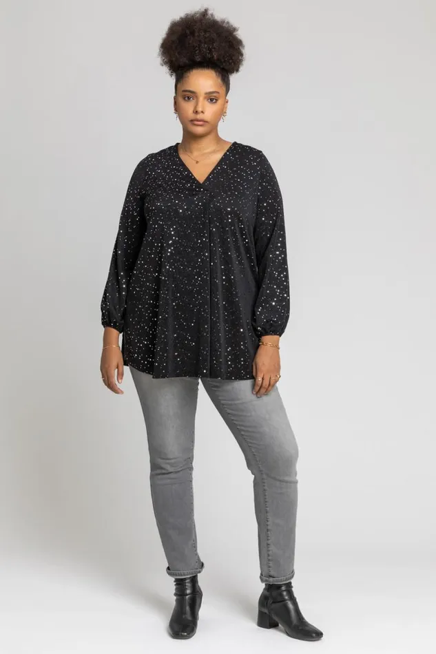 Women Silver Curve Pleat Front Sparkle Tunic Top Roman Tops