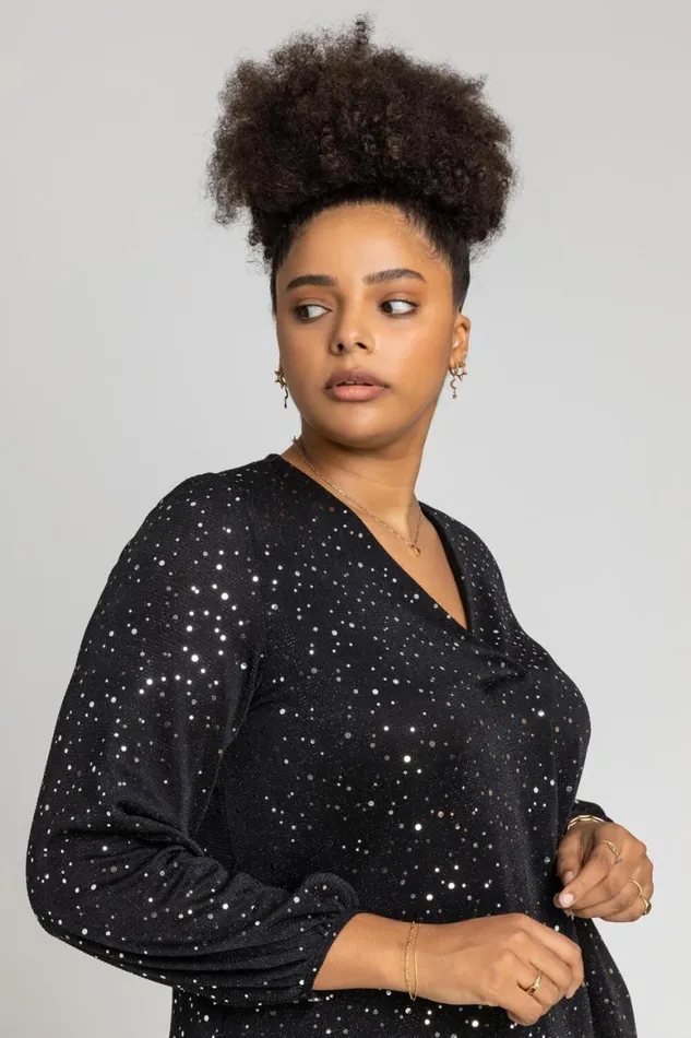 Women Silver Curve Pleat Front Sparkle Tunic Top Roman Tops