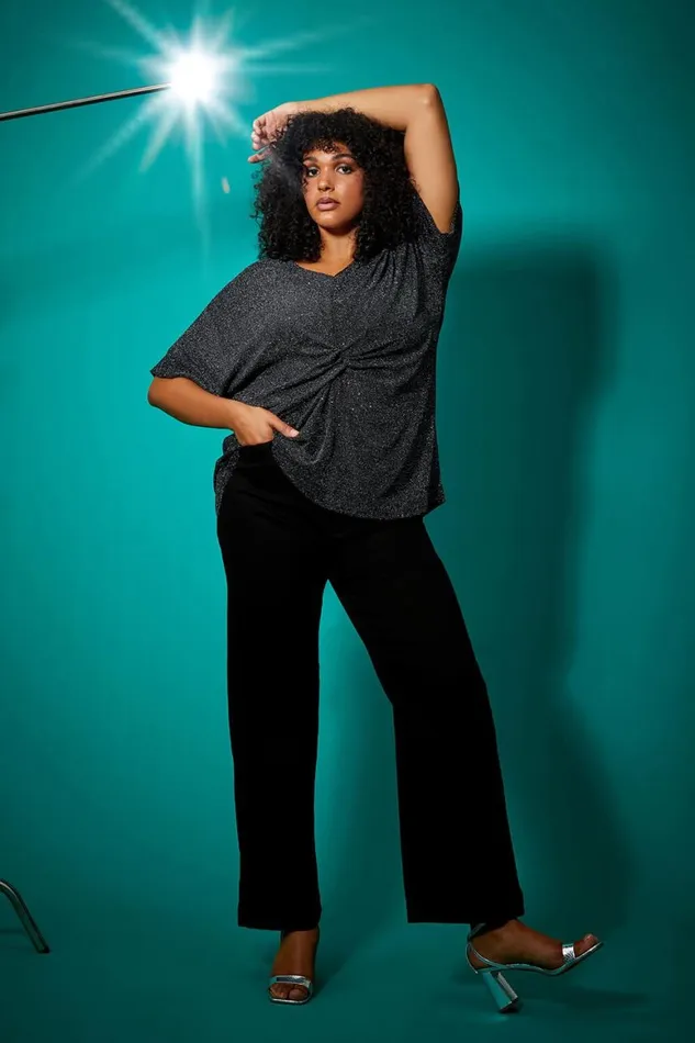 Women Silver Curve Twist Front Glitter Stretch Tunic Top Roman Tops