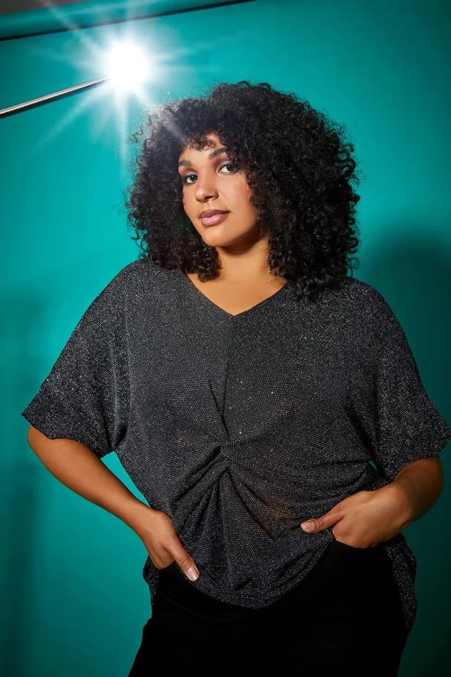 Women Silver Curve Twist Front Glitter Stretch Tunic Top Roman Tops