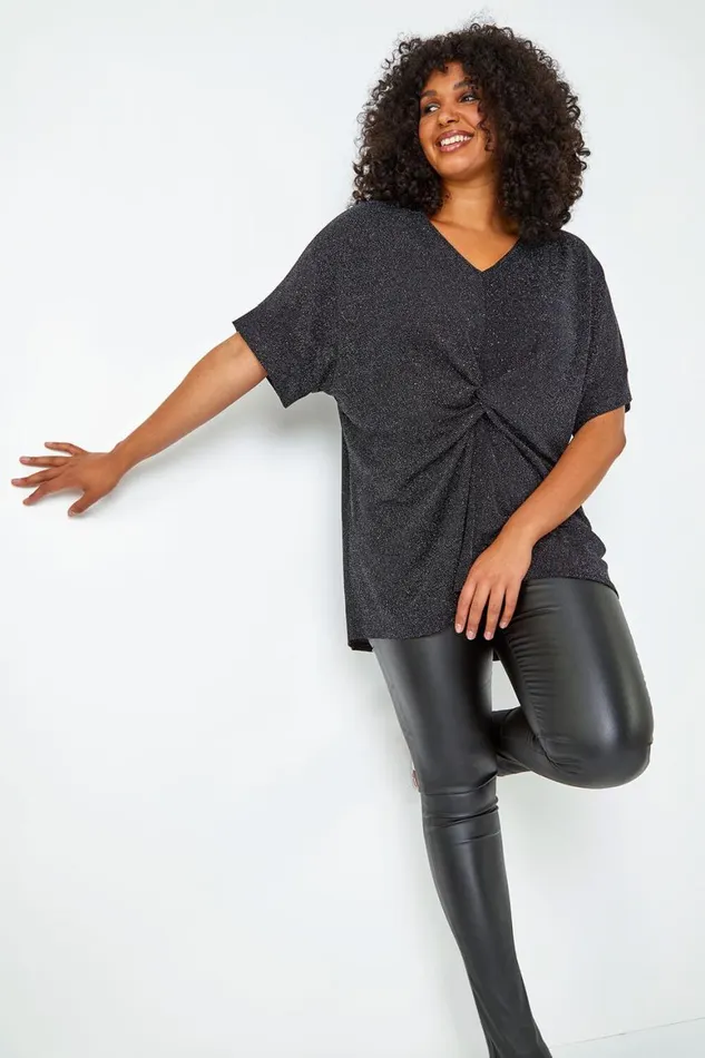 Women Silver Curve Twist Front Glitter Stretch Tunic Top Roman Tops