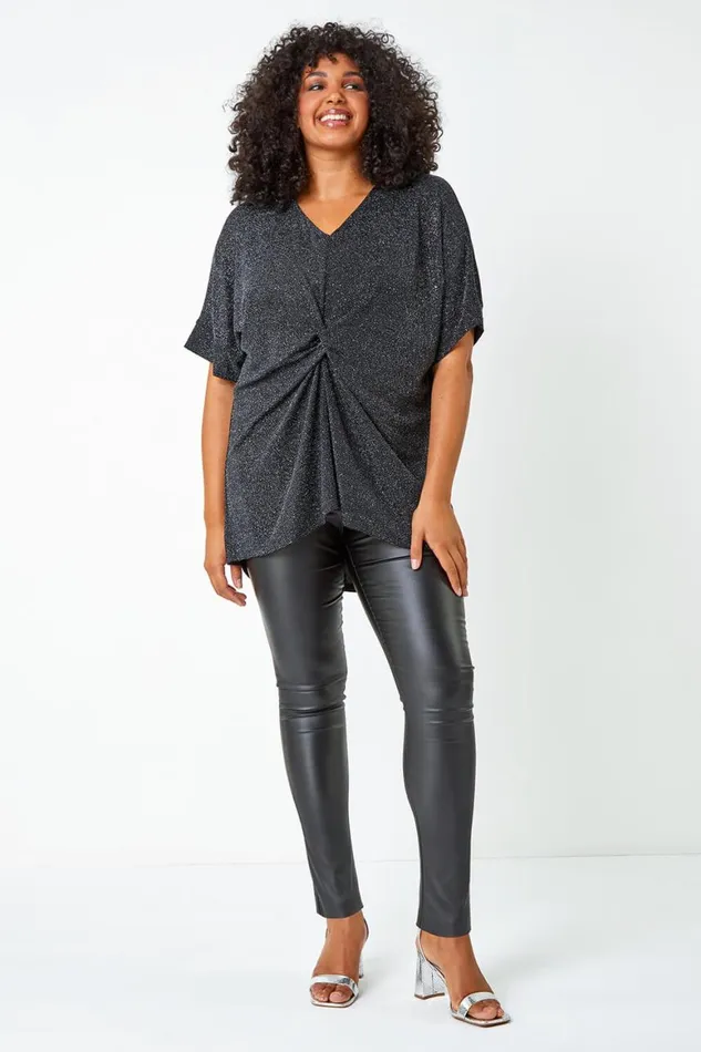 Women Silver Curve Twist Front Glitter Stretch Tunic Top Roman Tops