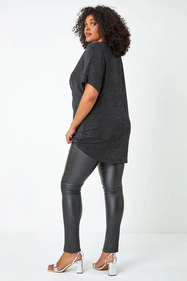 Women Silver Curve Twist Front Glitter Stretch Tunic Top Roman Tops