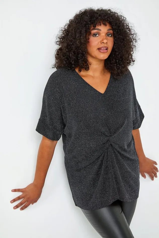 Women Silver Curve Twist Front Glitter Stretch Tunic Top Roman Tops