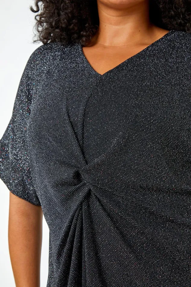Women Silver Curve Twist Front Glitter Stretch Tunic Top Roman Tops