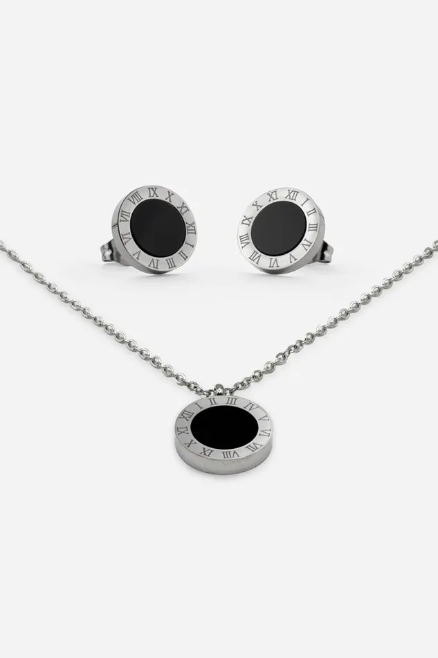 Women Silver Stainless Steel Clock Pendant And Earring Set Roman Jewellery