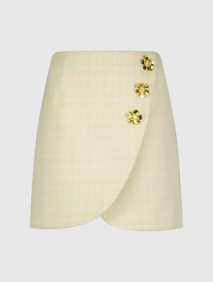 Women Skirts Mac Duggal Tweed Wrap Mini Skirt With Floral Buttons 8211 FINAL SALE Cream