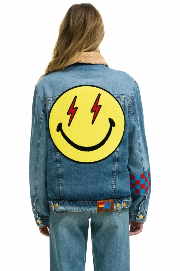 Women SMALL STOKED BOLT SMILEY RANCH SHERPA DENIM JACKET 8211 SUPER LIGHT Aviator Nation