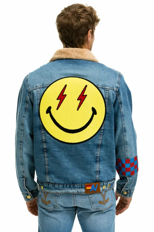 Women SMALL STOKED BOLT SMILEY RANCH SHERPA DENIM JACKET 8211 SUPER LIGHT Aviator Nation Women SMALL STOKED BOLT SMILEY RANCH SHERPA DENIM JACKET 8211 SUPER LIGHT Aviator Nation