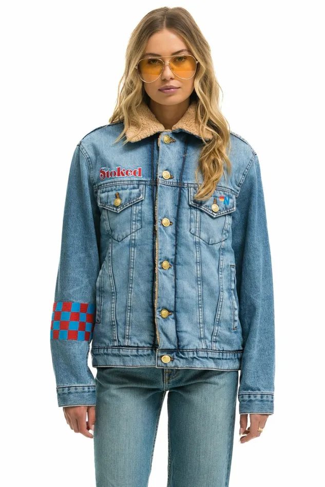 Women SMALL STOKED BOLT SMILEY RANCH SHERPA DENIM JACKET 8211 SUPER LIGHT Aviator Nation Women SMALL STOKED BOLT SMILEY RANCH SHERPA DENIM JACKET 8211 SUPER LIGHT Aviator Nation