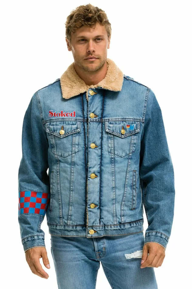 Women SMALL STOKED BOLT SMILEY RANCH SHERPA DENIM JACKET 8211 SUPER LIGHT Aviator Nation Women SMALL STOKED BOLT SMILEY RANCH SHERPA DENIM JACKET 8211 SUPER LIGHT Aviator Nation