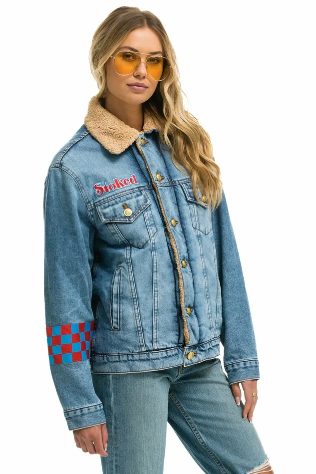Women SMALL STOKED BOLT SMILEY RANCH SHERPA DENIM JACKET 8211 SUPER LIGHT Aviator Nation Women SMALL STOKED BOLT SMILEY RANCH SHERPA DENIM JACKET 8211 SUPER LIGHT Aviator Nation
