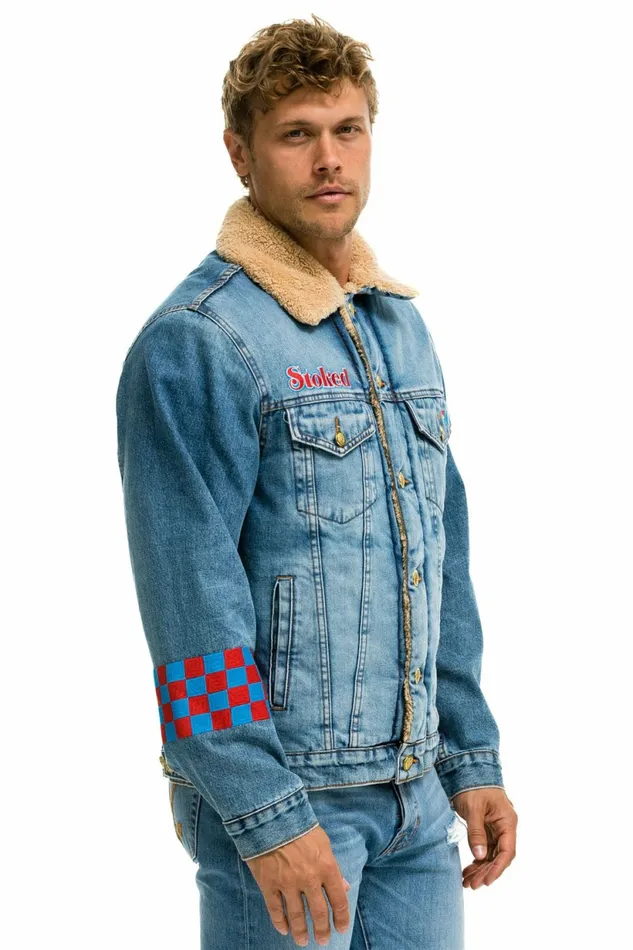 Women SMALL STOKED BOLT SMILEY RANCH SHERPA DENIM JACKET 8211 SUPER LIGHT Aviator Nation Women SMALL STOKED BOLT SMILEY RANCH SHERPA DENIM JACKET 8211 SUPER LIGHT Aviator Nation