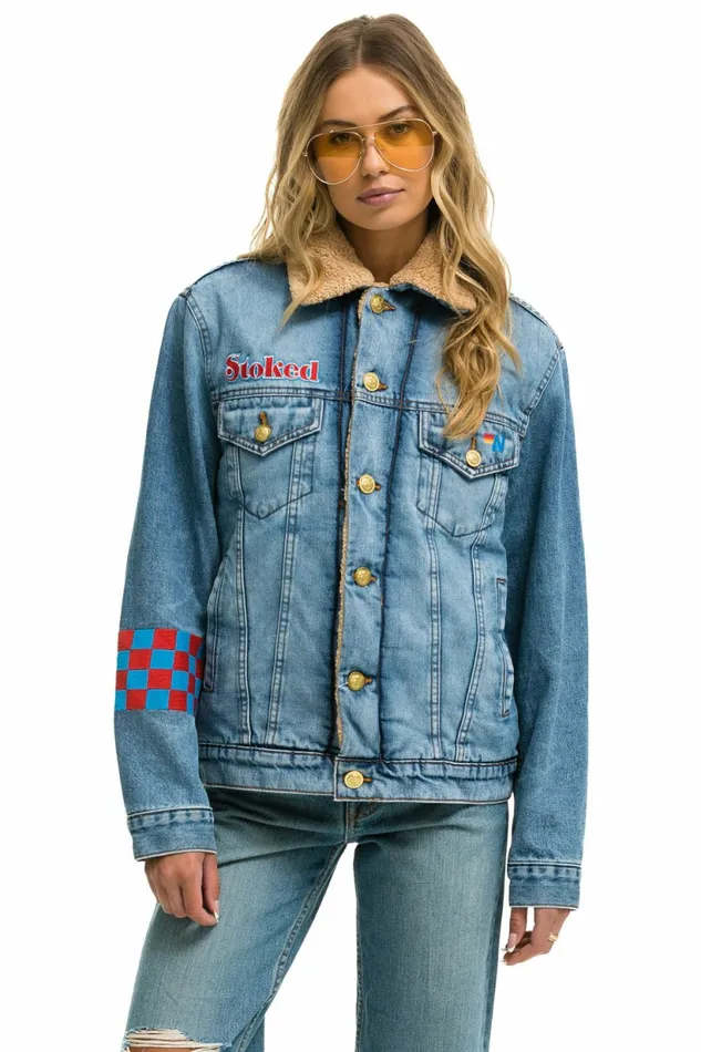 Women SMALL STOKED BOLT SMILEY RANCH SHERPA DENIM JACKET 8211 SUPER LIGHT Aviator Nation Women SMALL STOKED BOLT SMILEY RANCH SHERPA DENIM JACKET 8211 SUPER LIGHT Aviator Nation