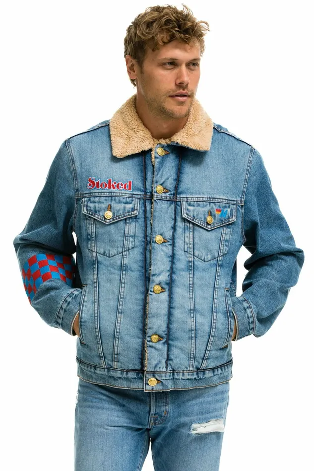 Women SMALL STOKED BOLT SMILEY RANCH SHERPA DENIM JACKET 8211 SUPER LIGHT Aviator Nation Women SMALL STOKED BOLT SMILEY RANCH SHERPA DENIM JACKET 8211 SUPER LIGHT Aviator Nation