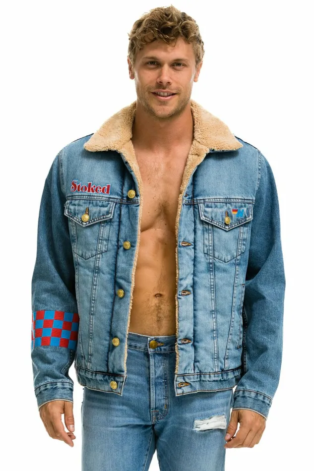 Women SMALL STOKED BOLT SMILEY RANCH SHERPA DENIM JACKET 8211 SUPER LIGHT Aviator Nation Women SMALL STOKED BOLT SMILEY RANCH SHERPA DENIM JACKET 8211 SUPER LIGHT Aviator Nation