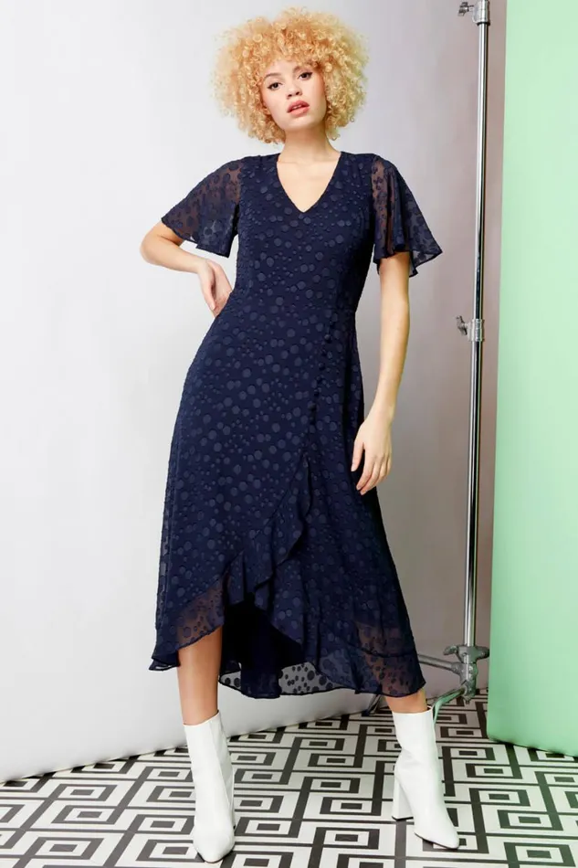 Women Spot Chiffon Frill Asymmetric Midi Dress Roman Dresses