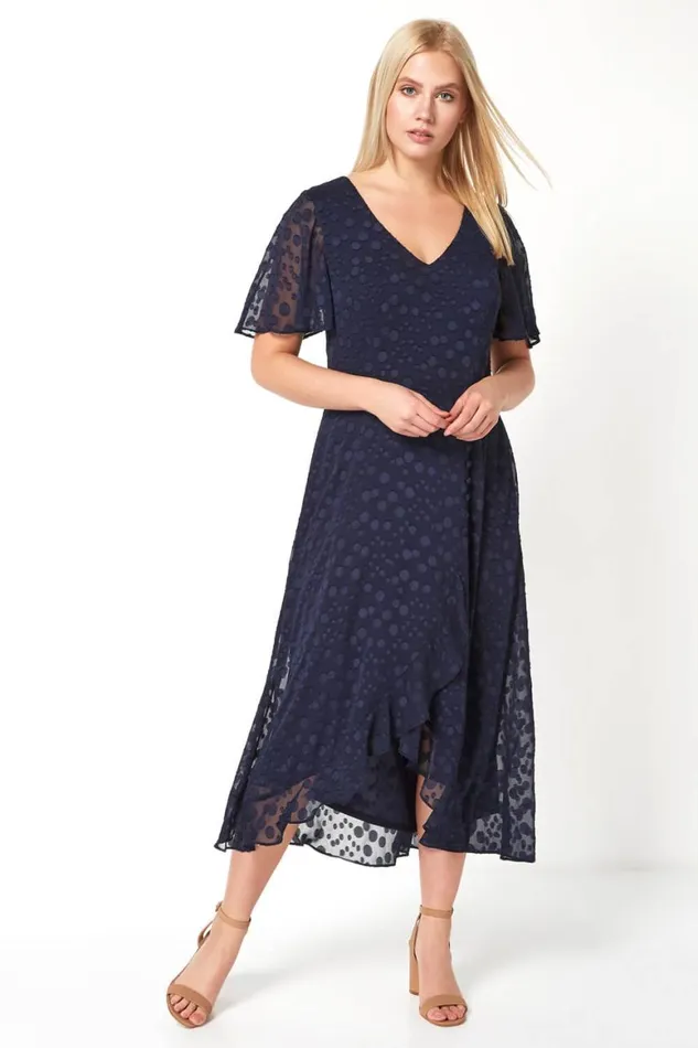 Women Spot Chiffon Frill Asymmetric Midi Dress Roman Dresses