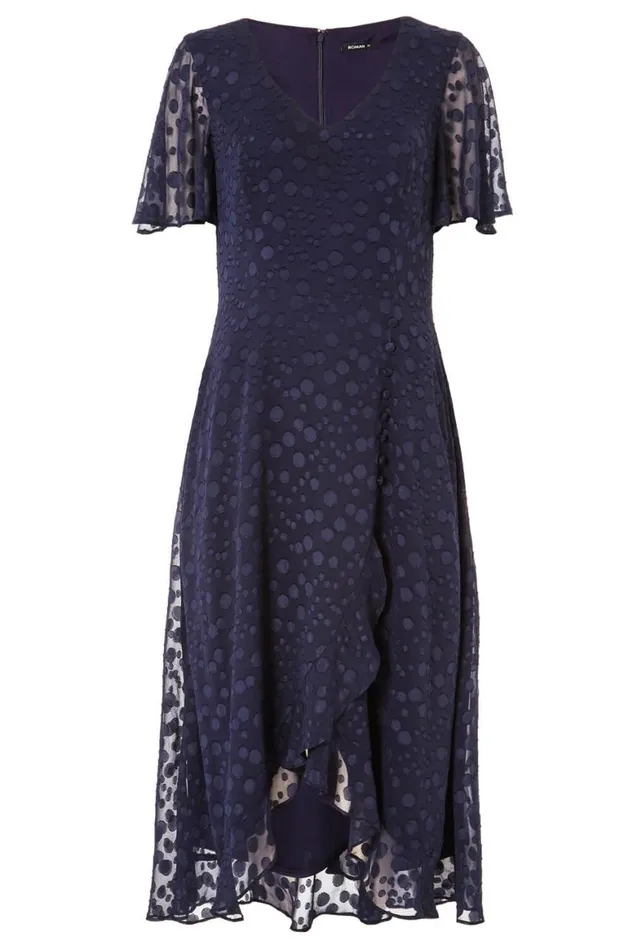 Women Spot Chiffon Frill Asymmetric Midi Dress Roman Dresses