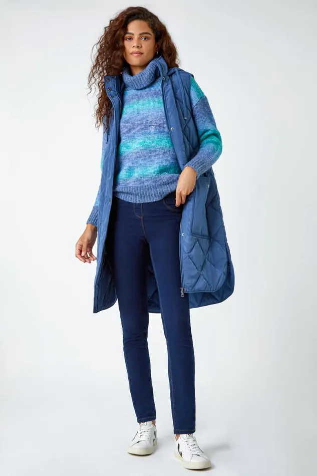 Women Steel Blue Diamond Quilted Longline Gilet Roman Coats